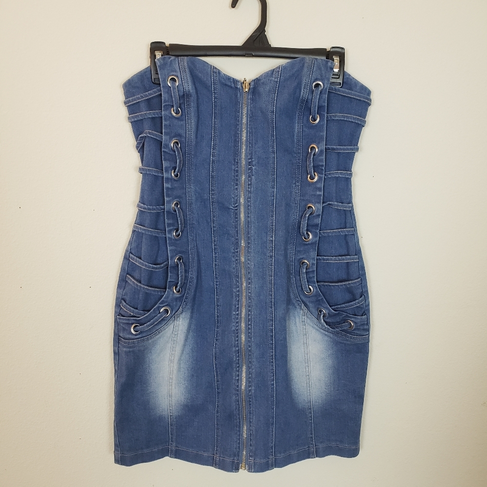 Oh Yes Jeans Denim Front Zip Dress Large